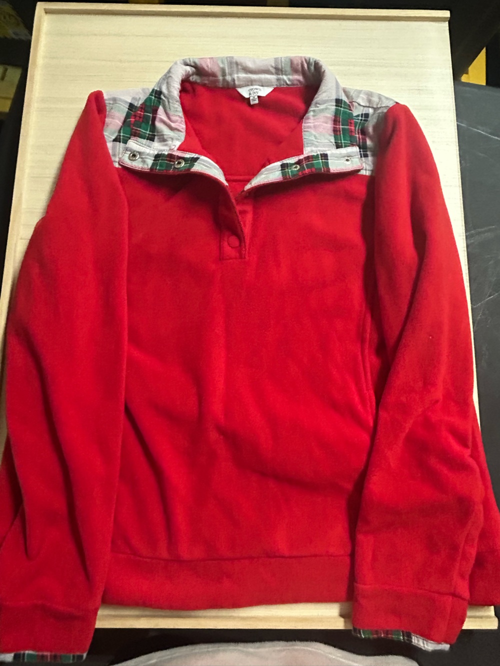 Crown & Ivy Medium Red Fleece Pullover Plaid Collar Snap Neck Holiday Top